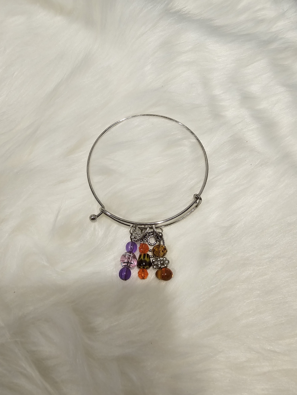 Silver-Tone Charm Bangle Bracelet with Purple & Orange Beads